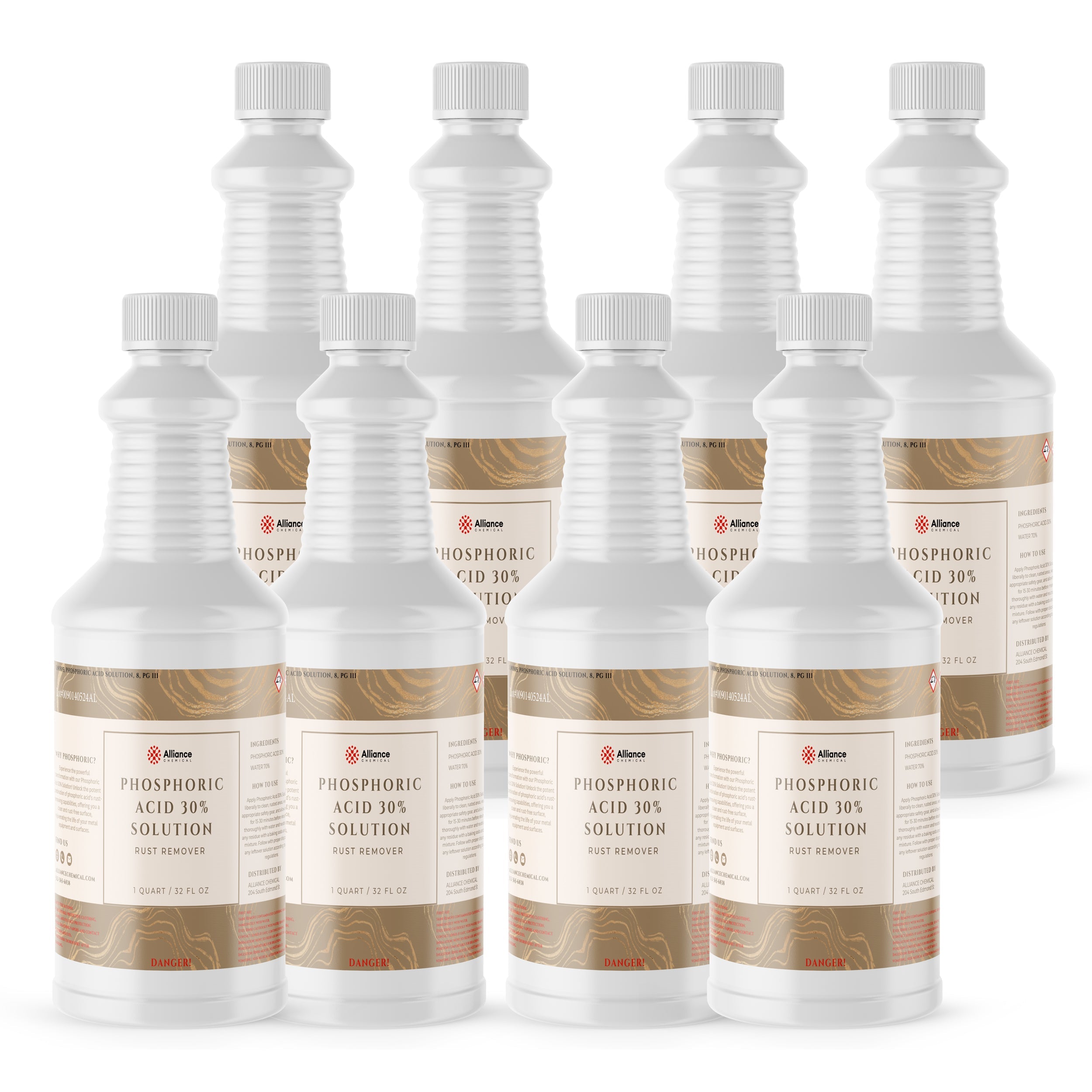 8-pack 32 fl oz bottles of Phosphoric Acid 30% Solution rust remover in white HDPE containers with gold labels and danger warnings.